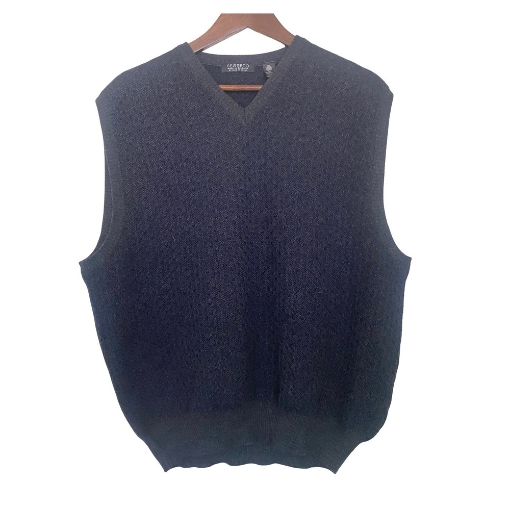 Segreto Men's V-Neck Sweater Vest XL Navy Blue Charcoal Fine Merino Wool Knit